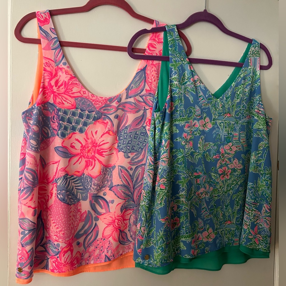 Lilly Pulitzer 2 reversible Florin tanks Snappy Turtle & Boca Blue Bougainvilla